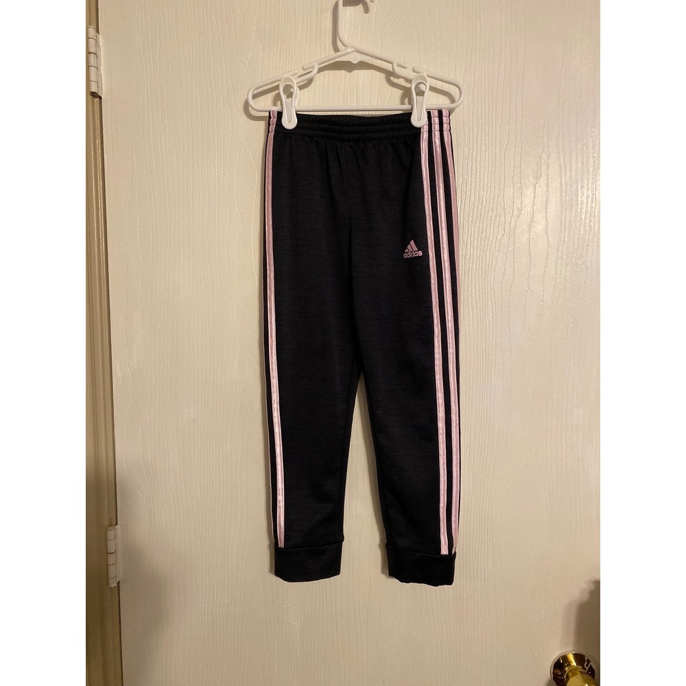 Adidas Girls Grey Pink Stripe Fleece Track Pants Joggers Size 6 0631